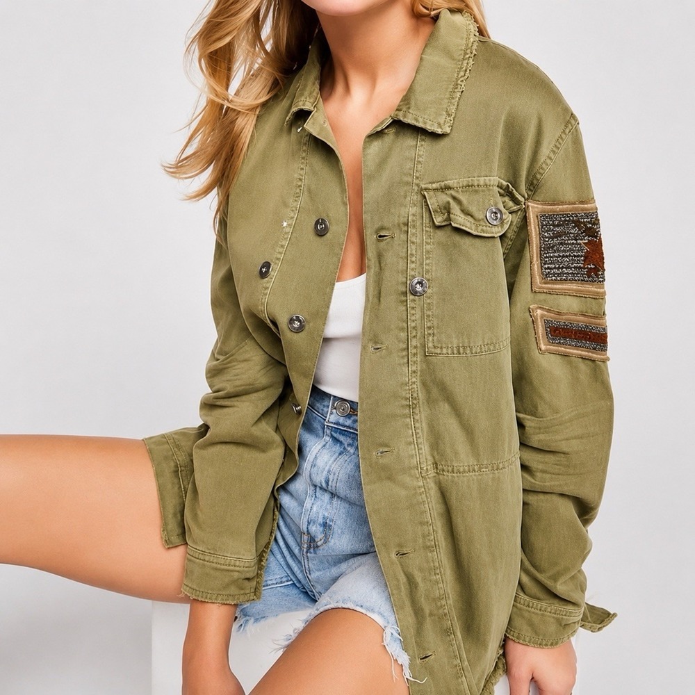 Free People Embellished Military Shirt Jacket Olive Green Beaded Utility - Picture 1 of 10